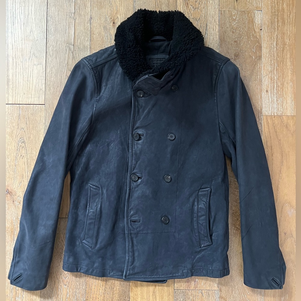 RARE Allsaints Leather Peacoat w/ Shearling Shawl Collar XS